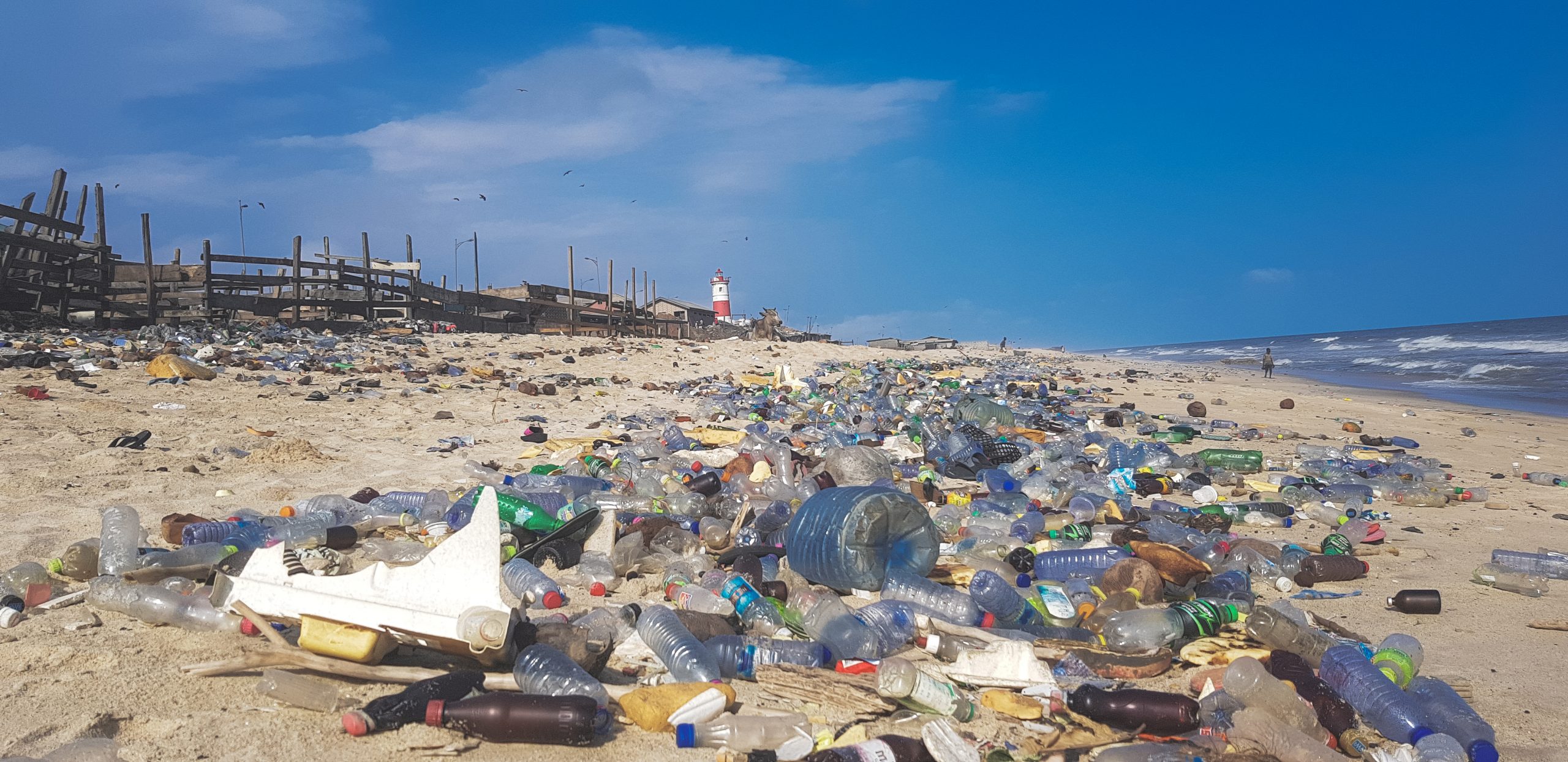 Plastic pollution on beach in Ghana