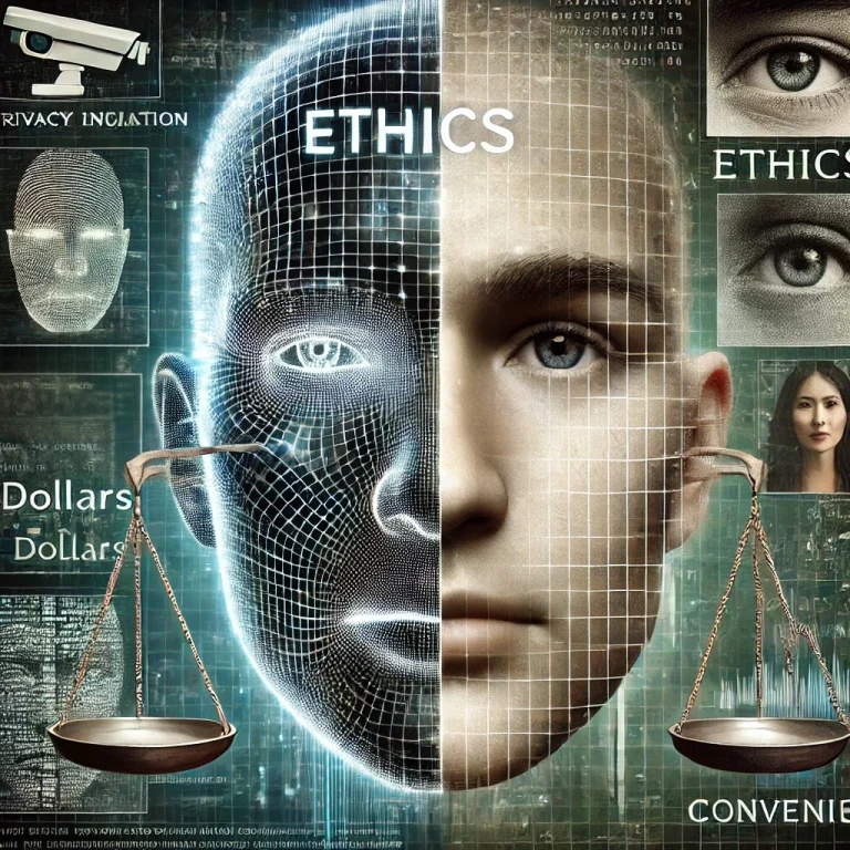 Face wih facial recognition overlay with the words Ethics, Dollars, Convenience, Safety superimposed on the image.