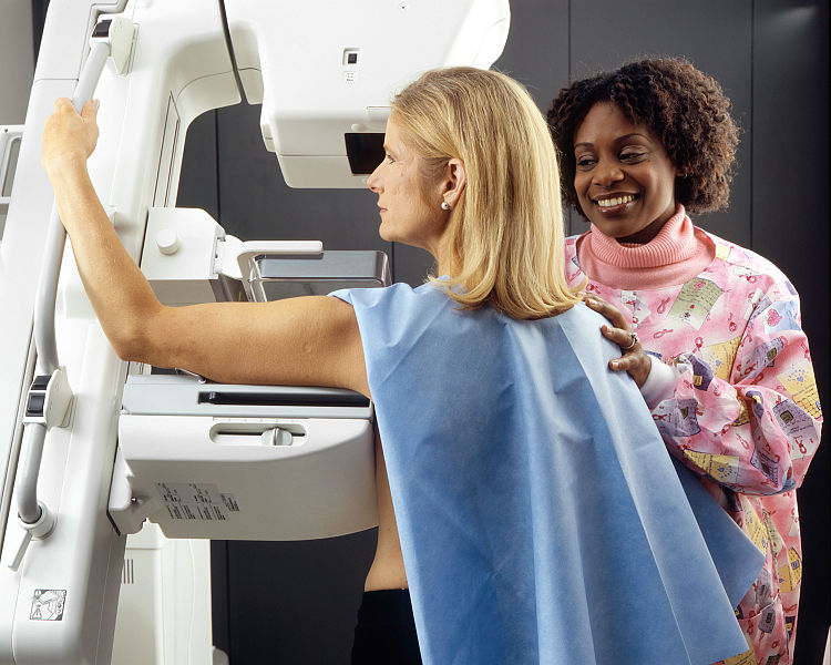 Woman receives mammogram